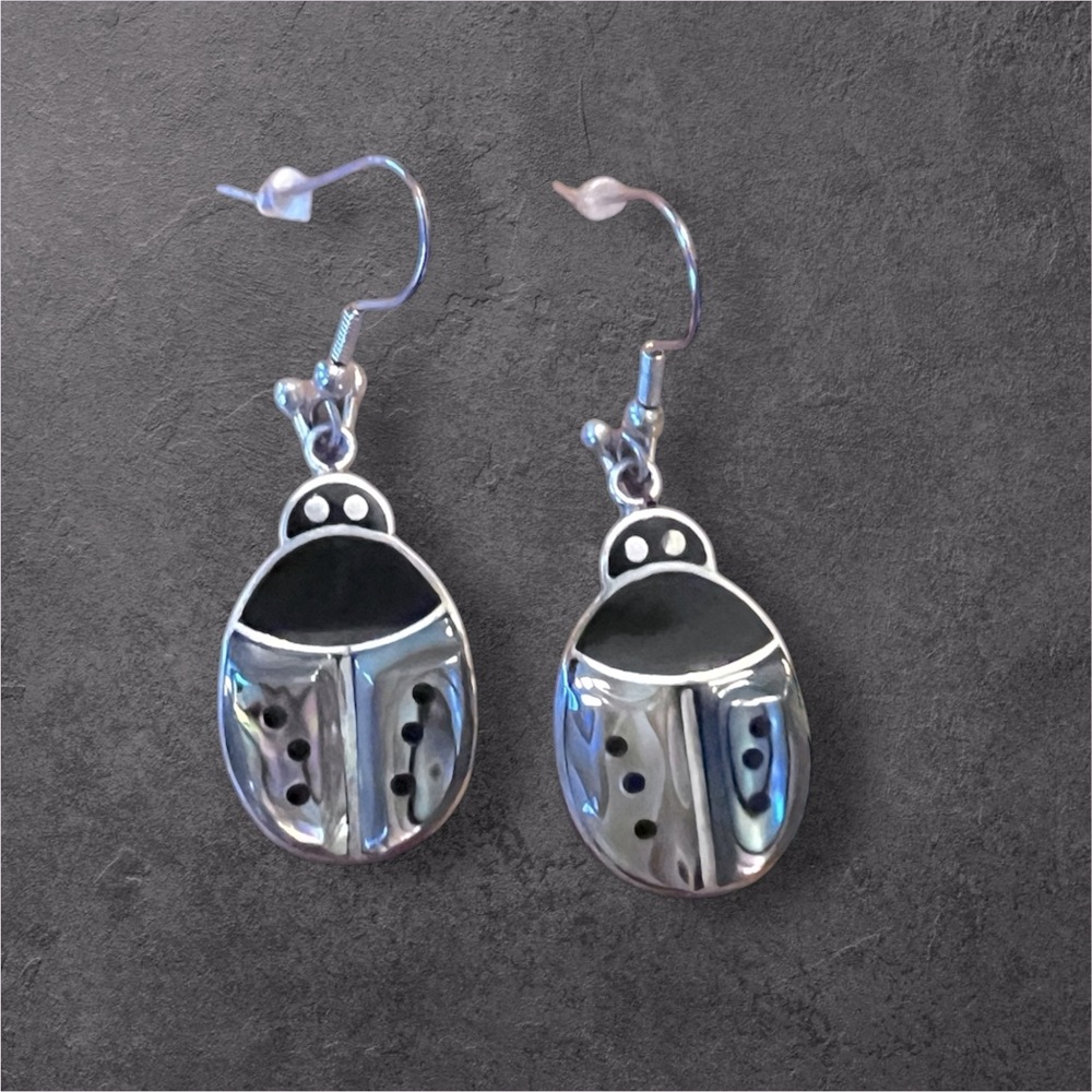 Vintage Alpaca Abalone Lady Bug Earrings